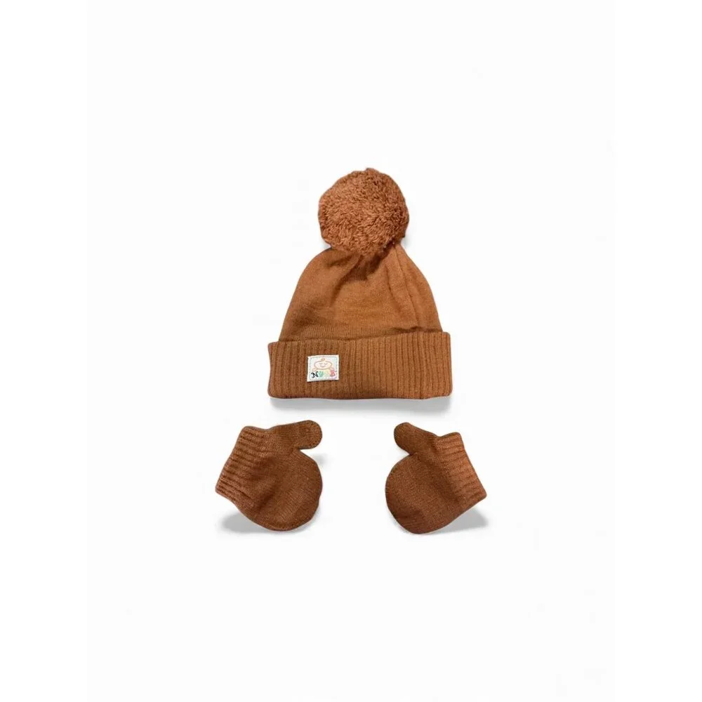 Newborn Brown Knit Pom-Pom Hat & Mittens‎ Set With Bear Patch